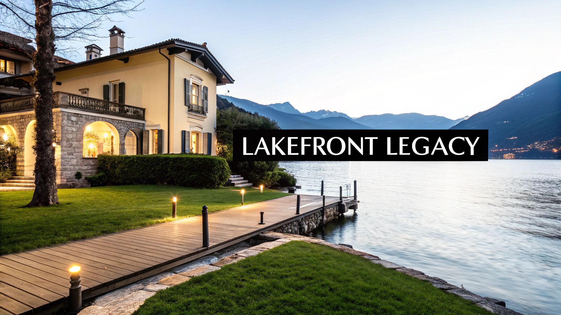 A beautiful lakefront villa with a lighted wooden pier extending into a calm lake, surrounded by mountains.