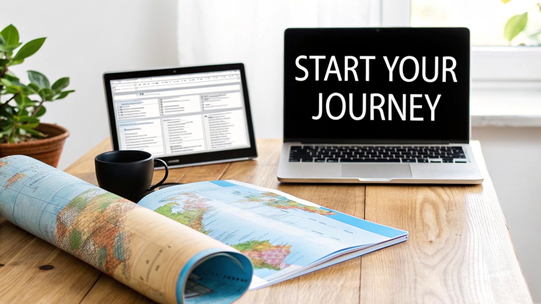 A desk with a laptop showing 'START YOUR JOURVEY', a tablet, maps, and a coffee mug, suggesting travel planning.