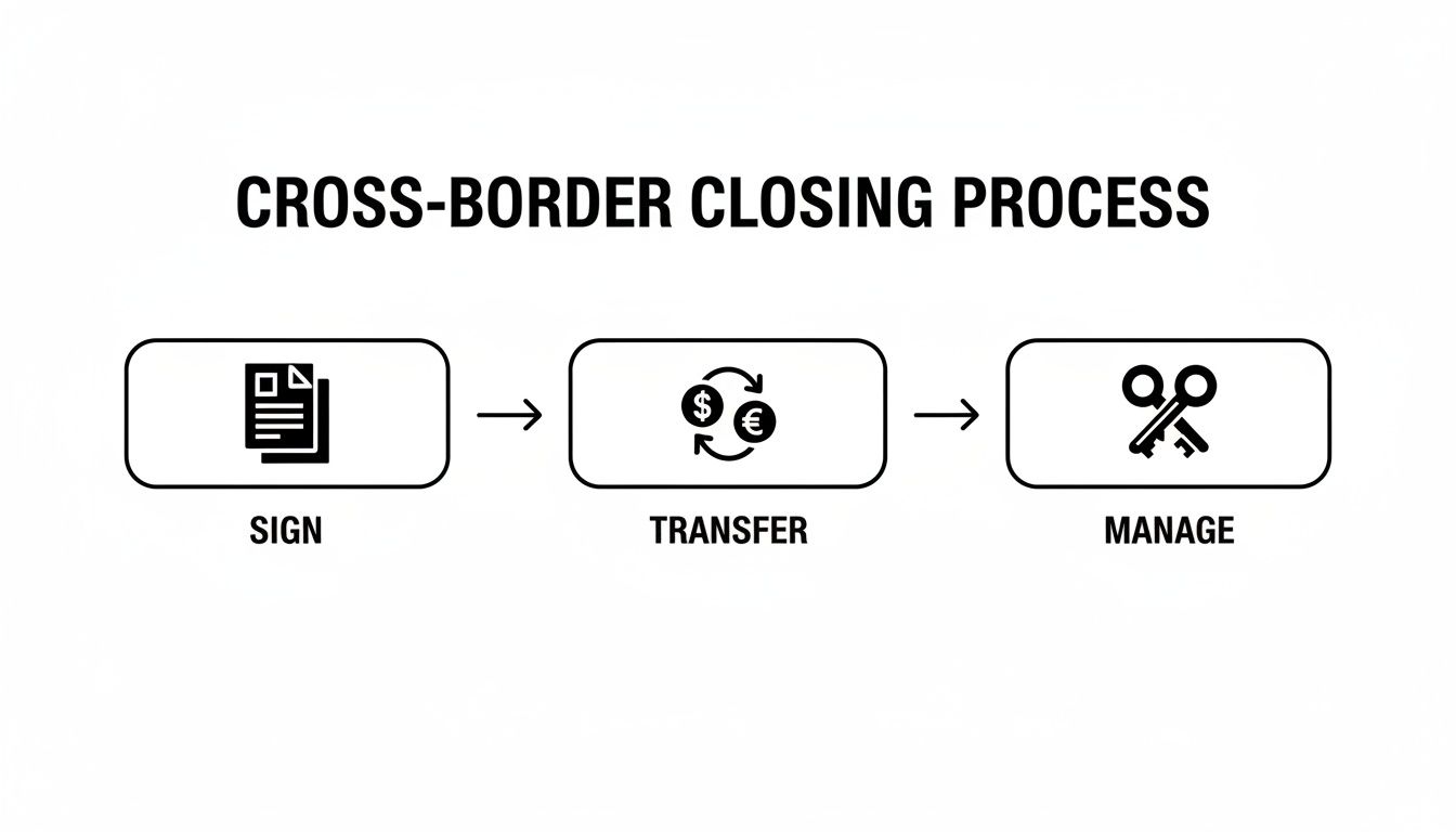 Diagram illustrating a cross-border closing process with steps: sign, transfer, and manage.
