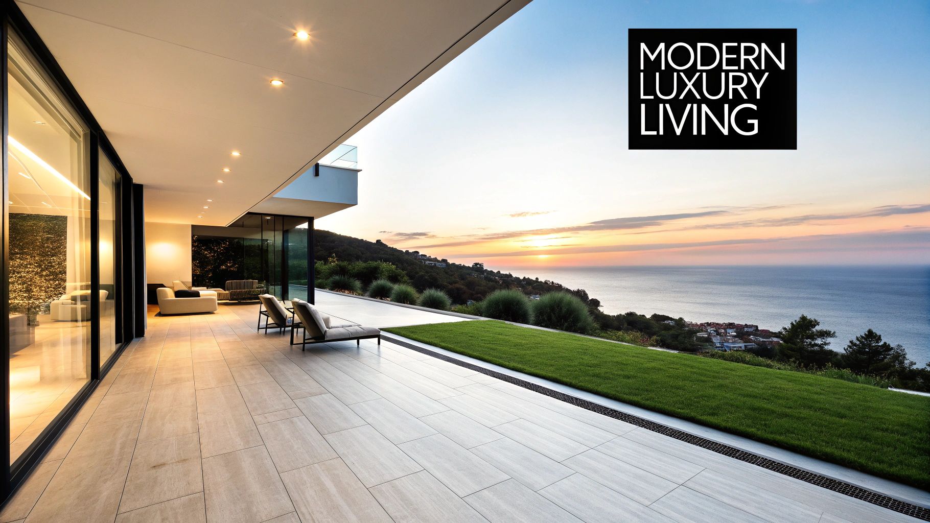 Luxurious modern patio overlooking the ocean at sunset with lounge chairs and a green lawn.