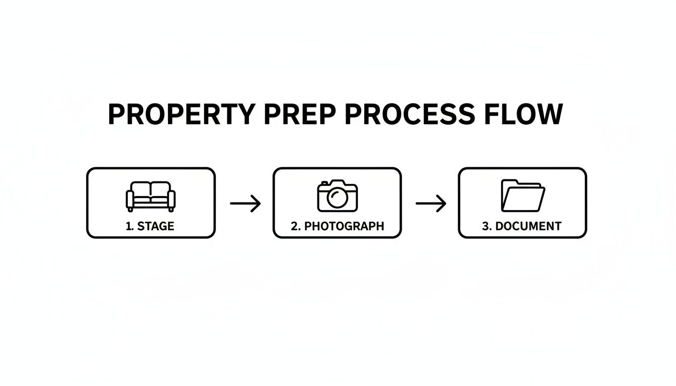 A flowchart illustrating the property preparation process: stage, photograph, and document, with icons.