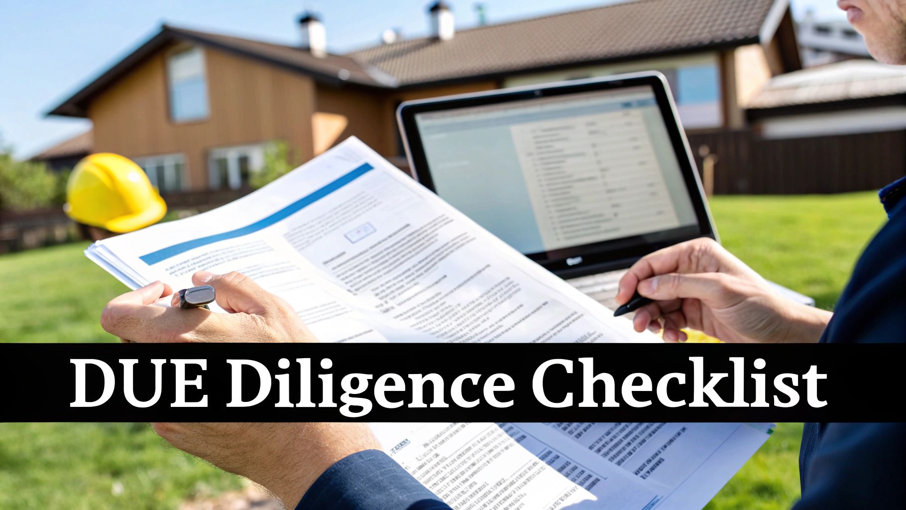 A person reviewing a 'Due Diligence Checklist' document with a laptop and house in background.