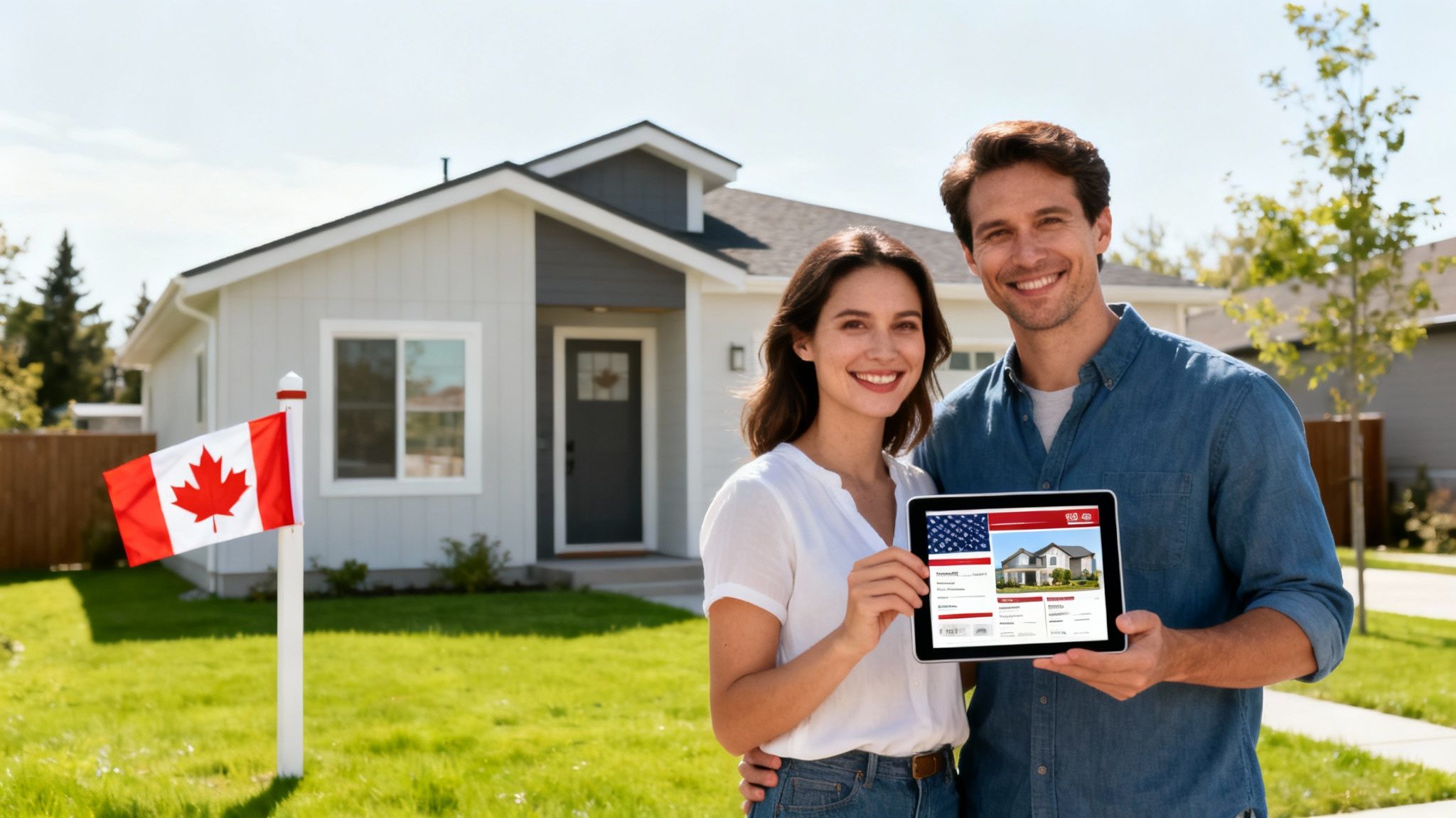 A happy couple smiles in front of a new house with a Canadian flag, holding a tablet showing a US property listing.