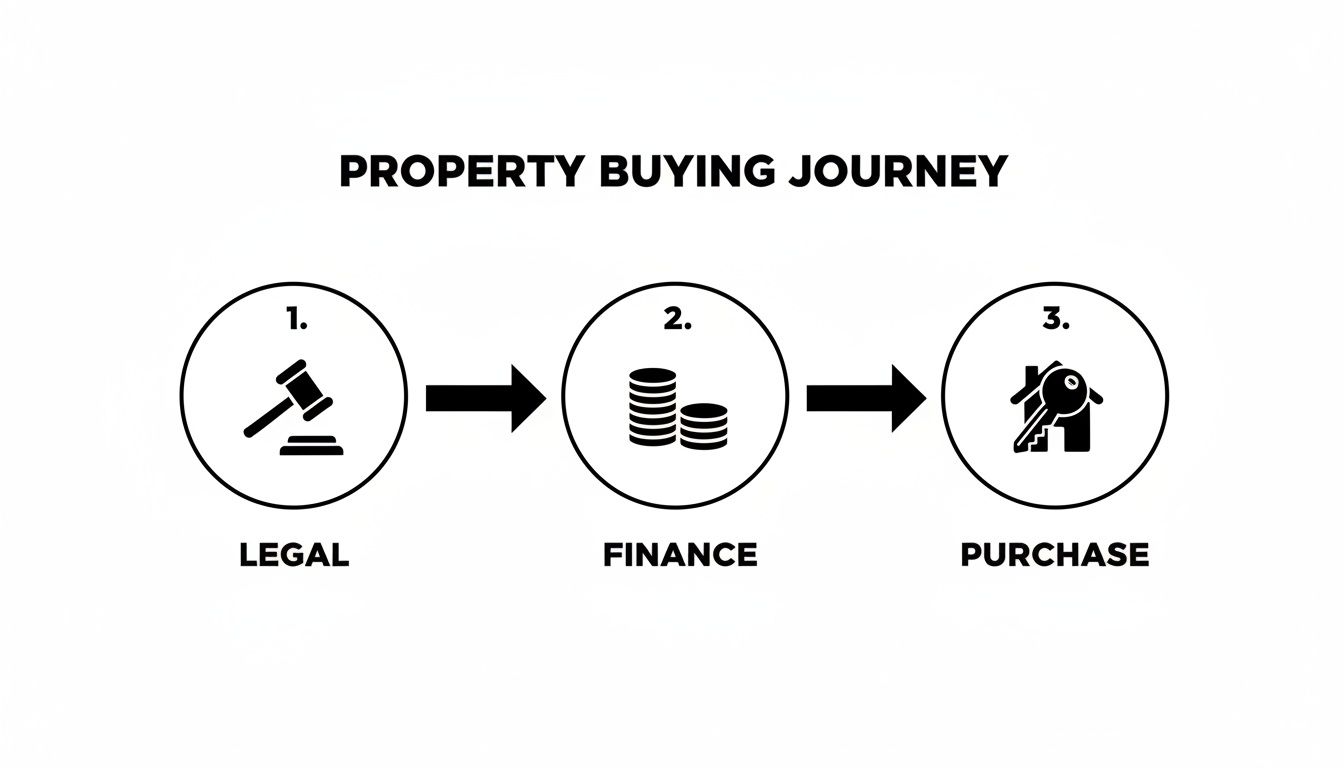 Infographic illustrating the property buying journey with three steps: Legal, Finance, and Purchase.