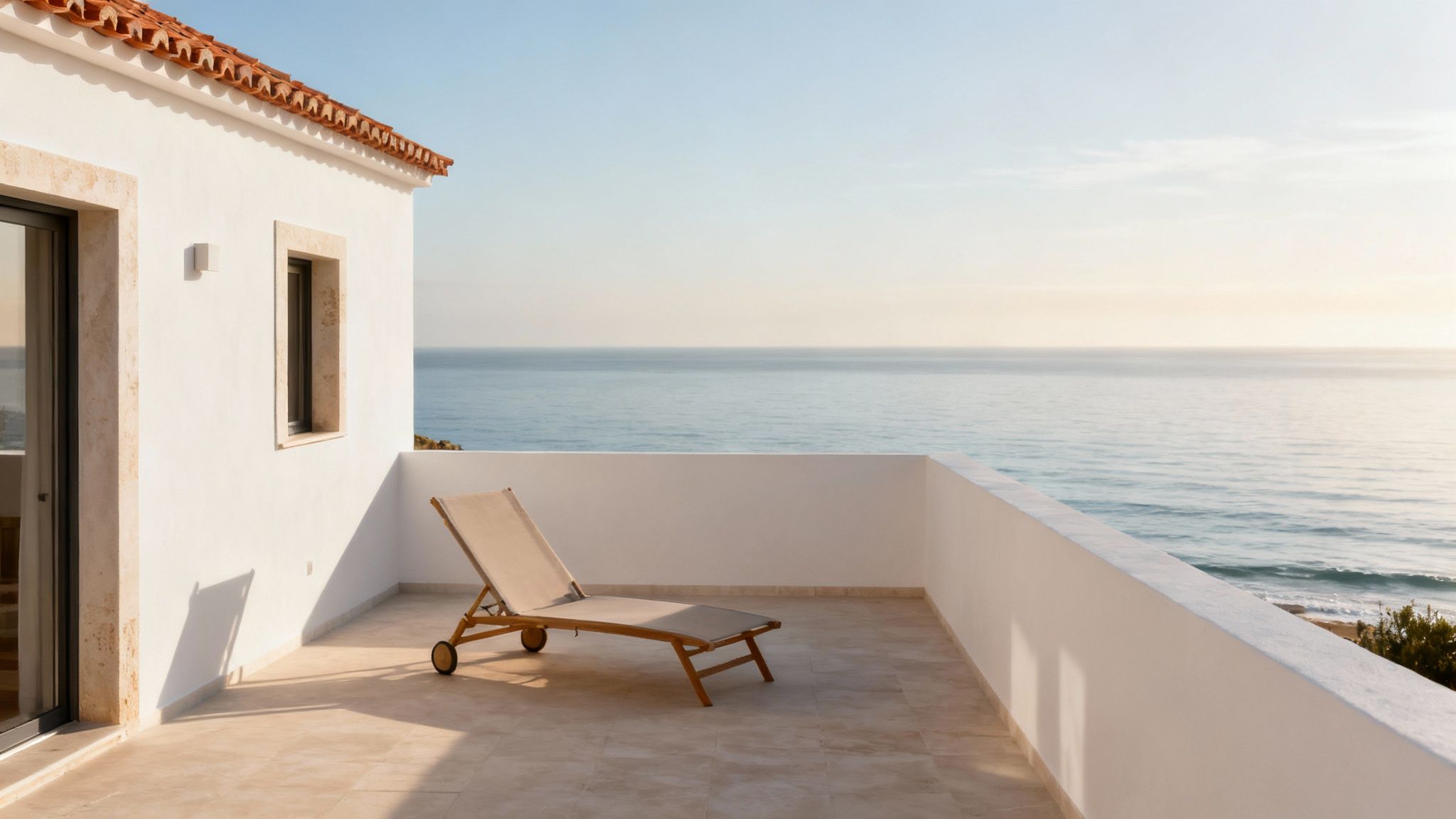 A serene white balcony with a lounge chair overlooking the vast, calm ocean under a clear sky.