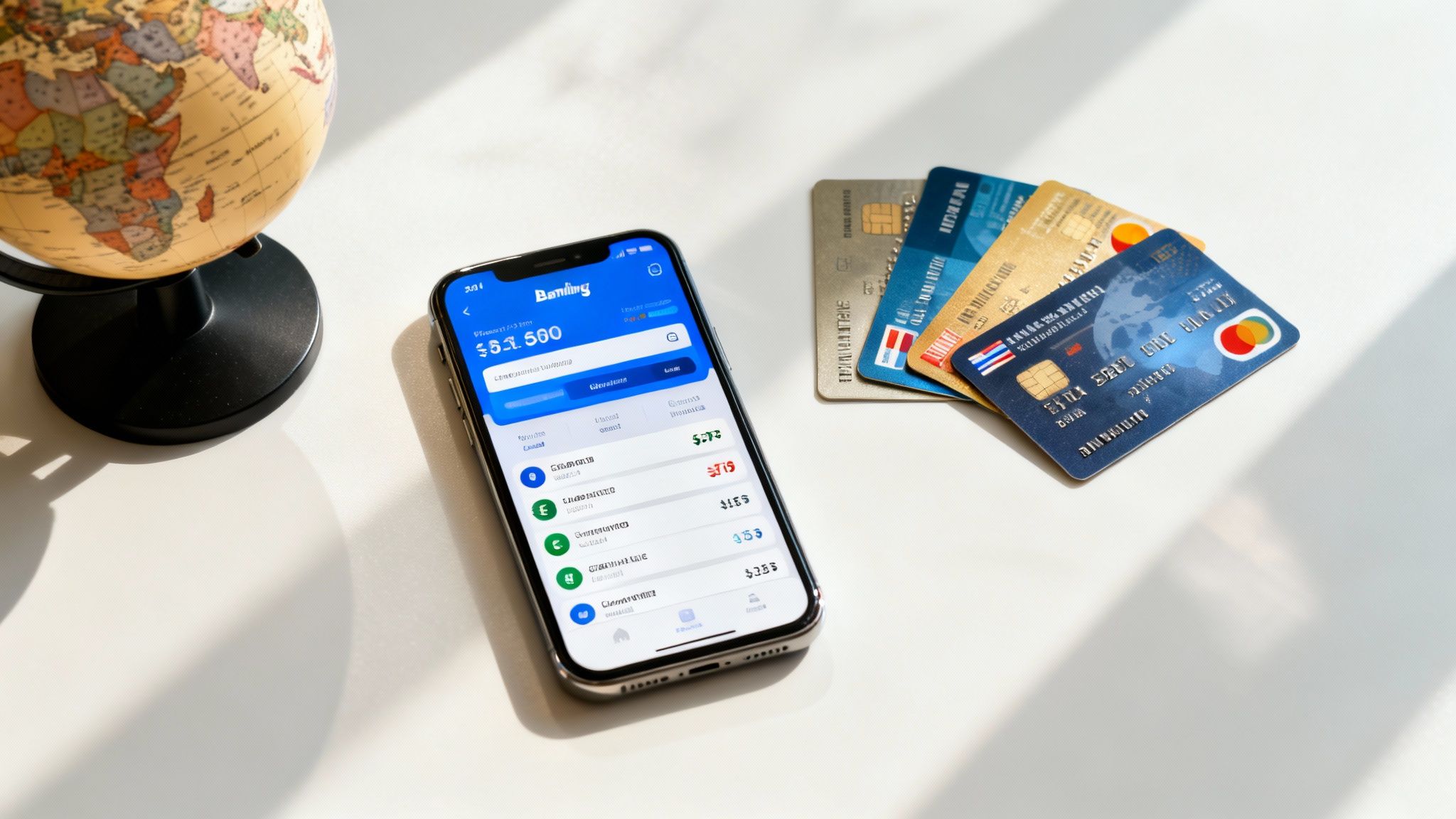 Your Ultimate Relocating Abroad Checklist: A 2026 Guide for Global Property Investors 2 A smartphone displaying a banking app, multiple credit cards, and a globe on a white desk.