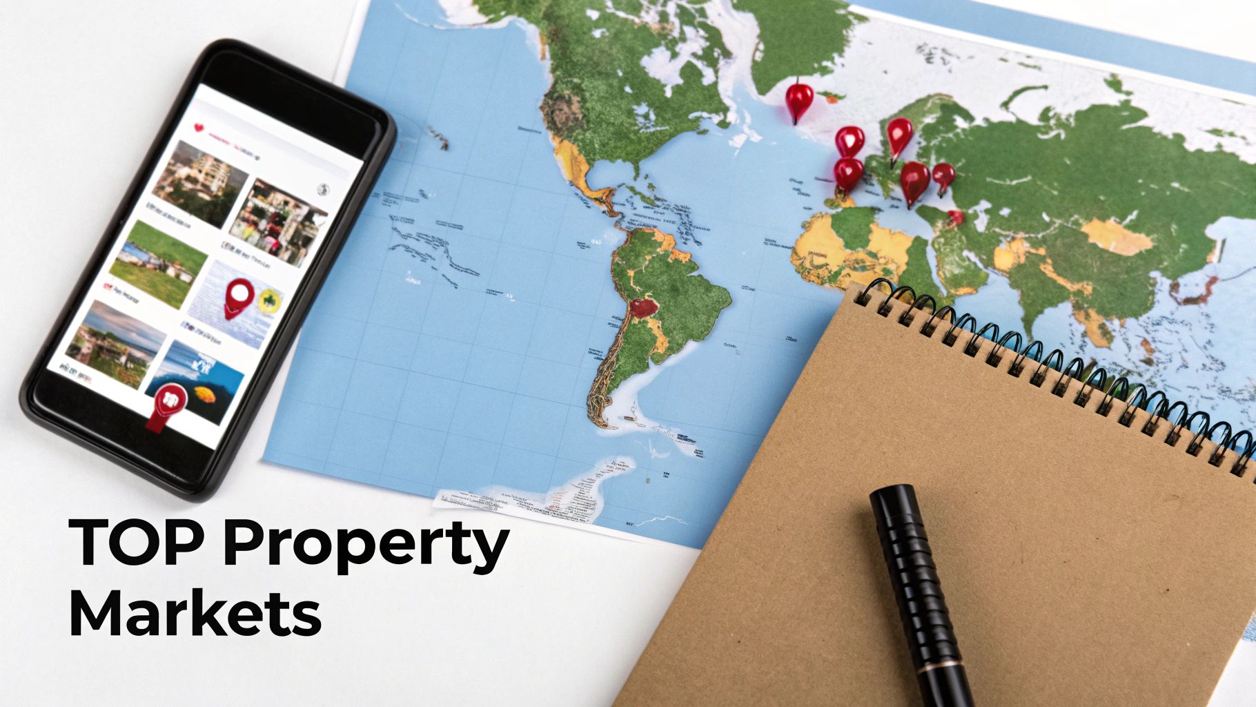 Smartphone displaying a property app, world map with red pins, notebook, and pen, highlighting top property markets.
