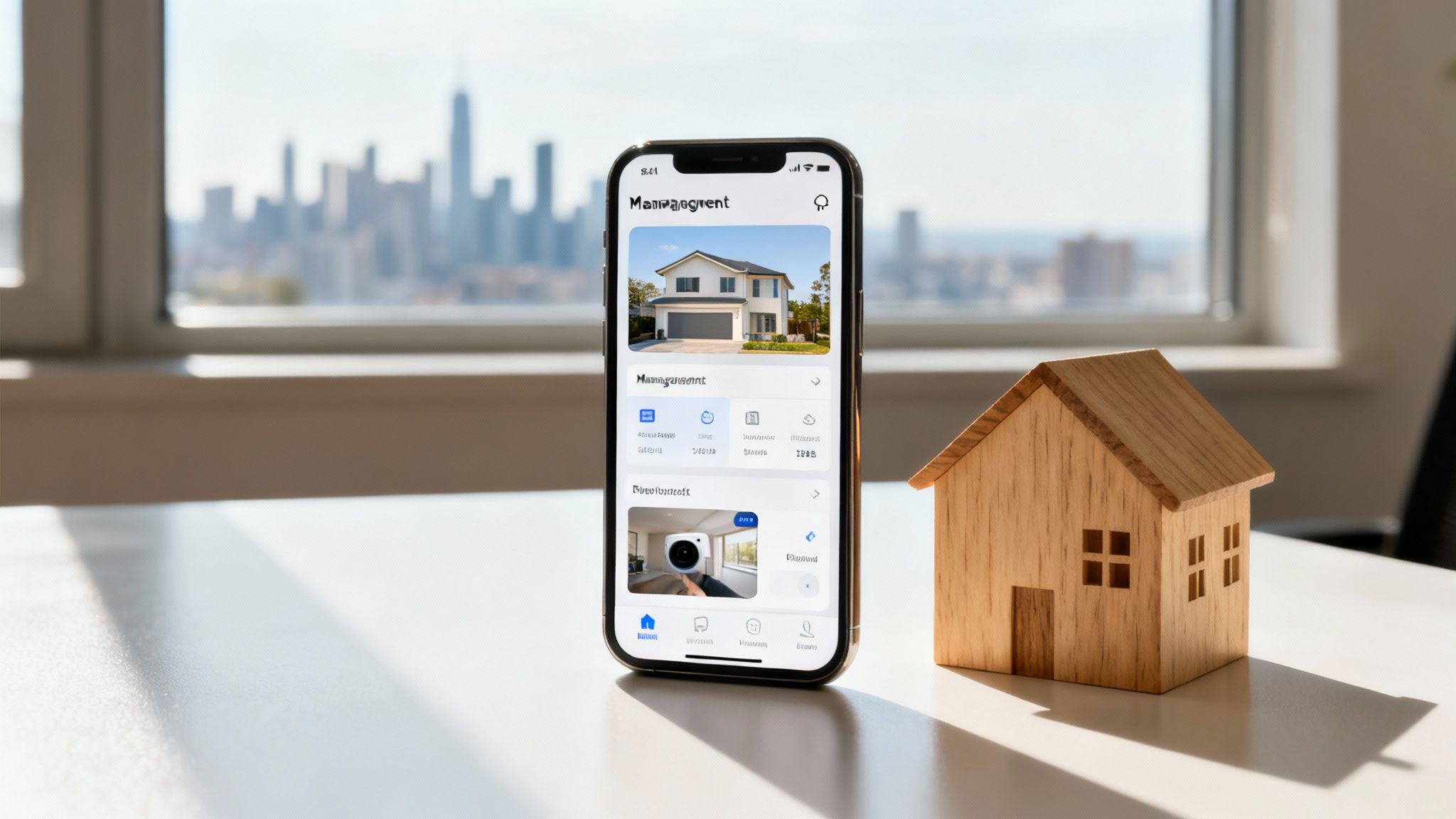 Investing in Foreign Real Estate: A Strategic Guide for Global Investors 4 A smartphone displaying a real estate management app next to a small wooden house model, with a cityscape in the background.