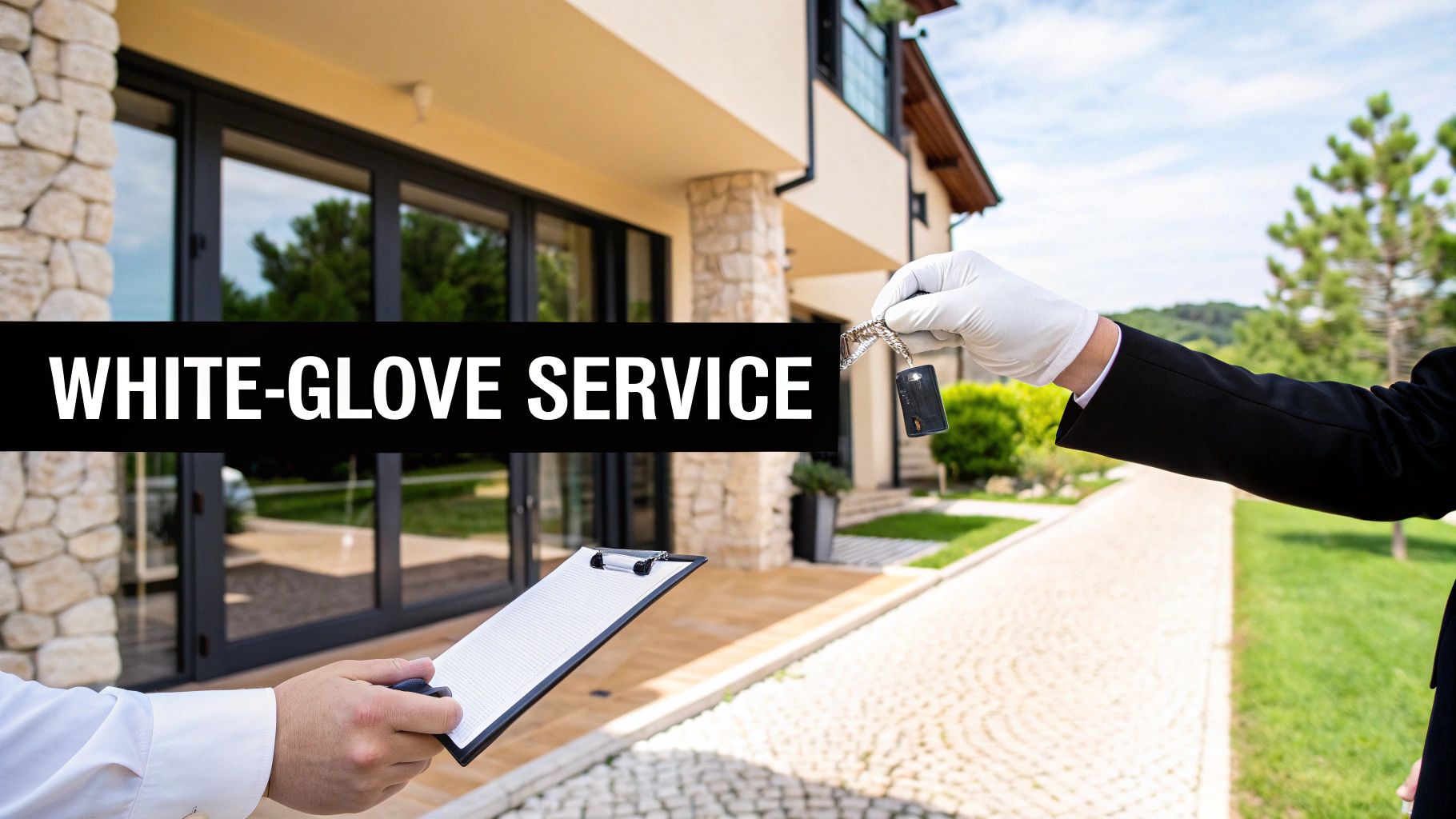A gloved hand offers car keys, symbolizing white-glove service at a luxury property with paperwork.
