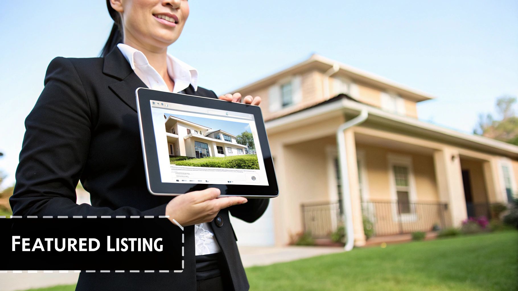 A smiling real estate agent holds a tablet displaying a luxury house listing in front of a real house.