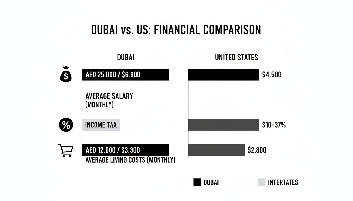 A financial comparison infographic showing average salary, income tax, and living costs in Dubai vs. the US.