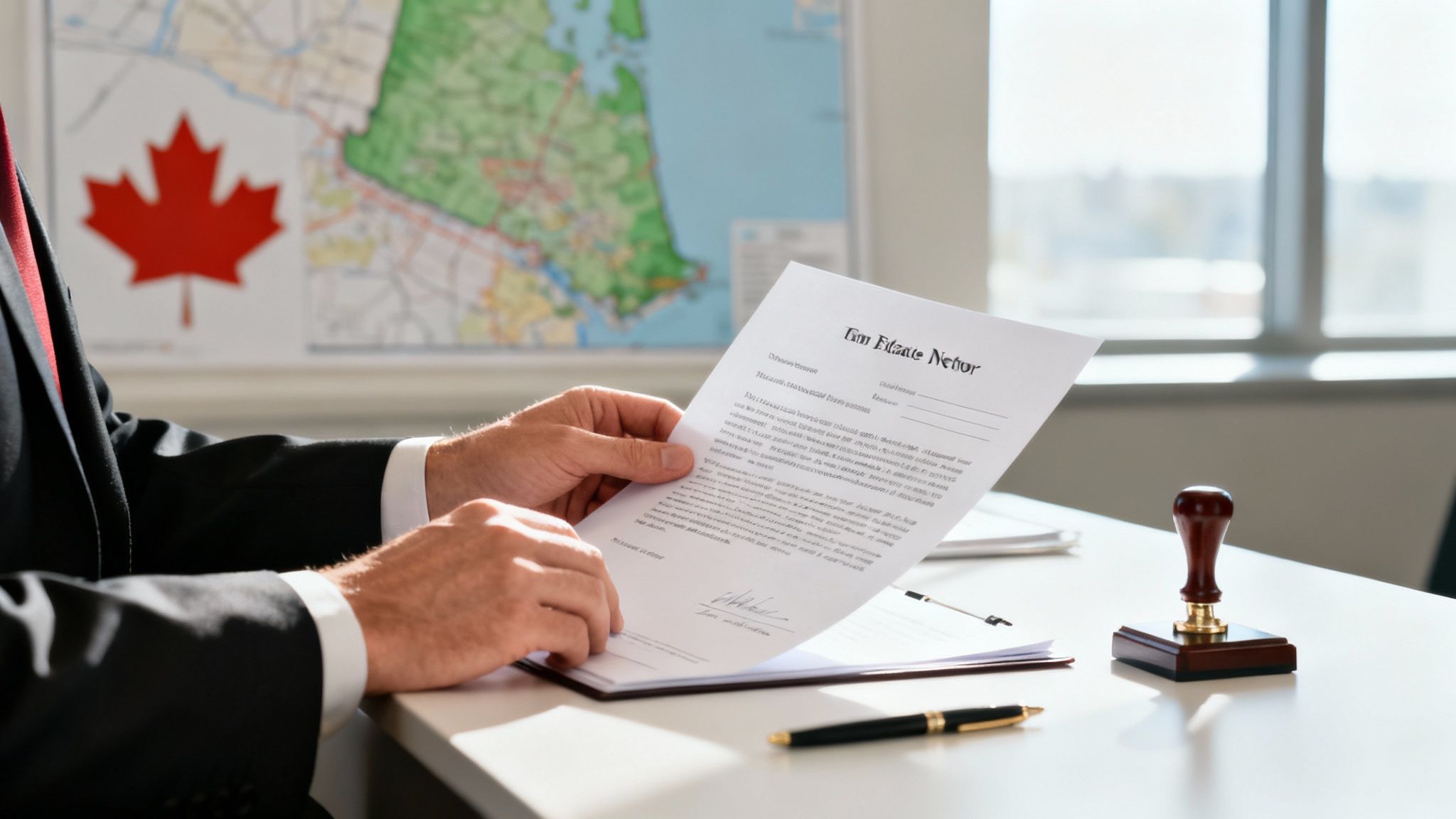 Person in a suit holds a legal document, with a Canadian map and flag in the background.