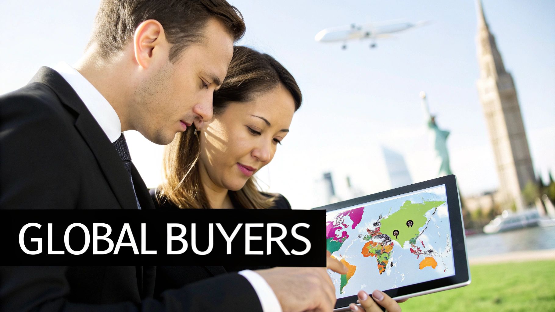 Two business professionals viewing a world map on a tablet, with global landmarks and an airplane in the background, signifying international business.