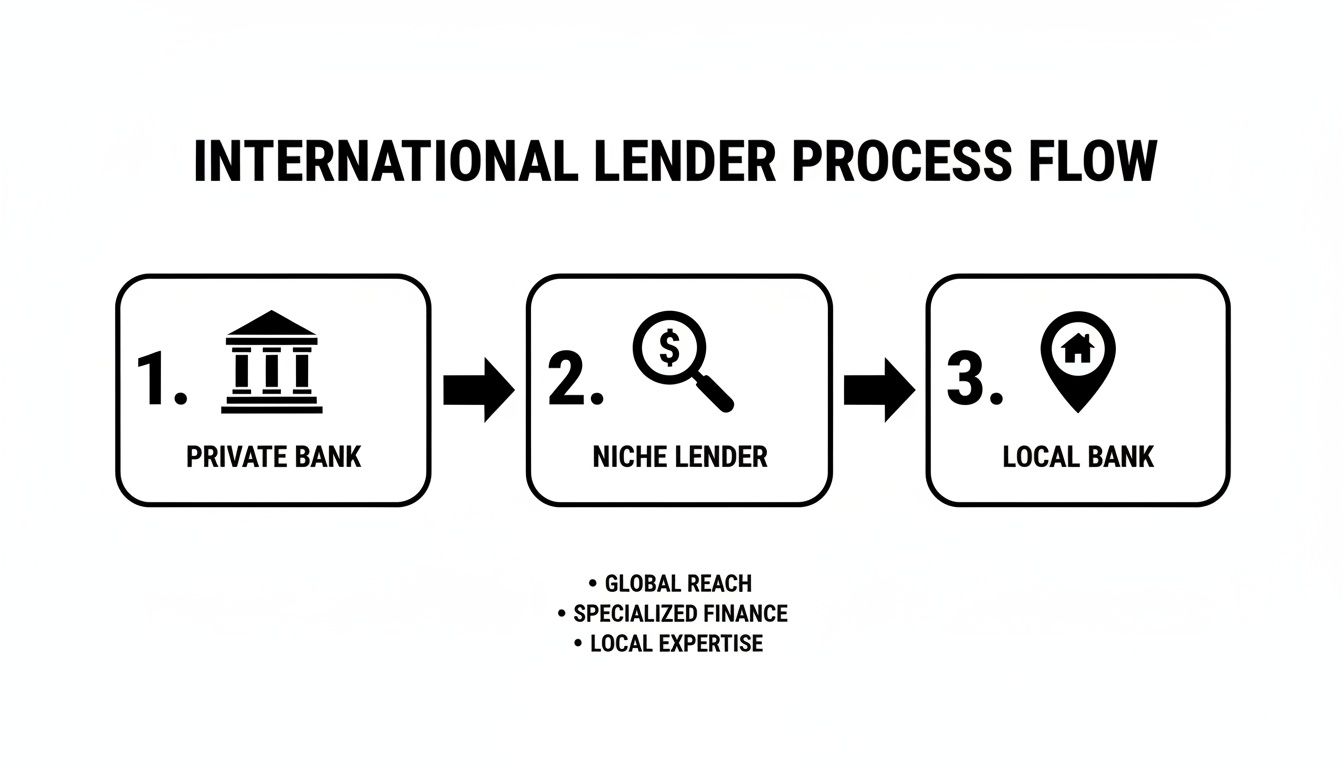 International lender process flow diagram showing steps: Private Bank, Niche Lender, and Local Bank.
