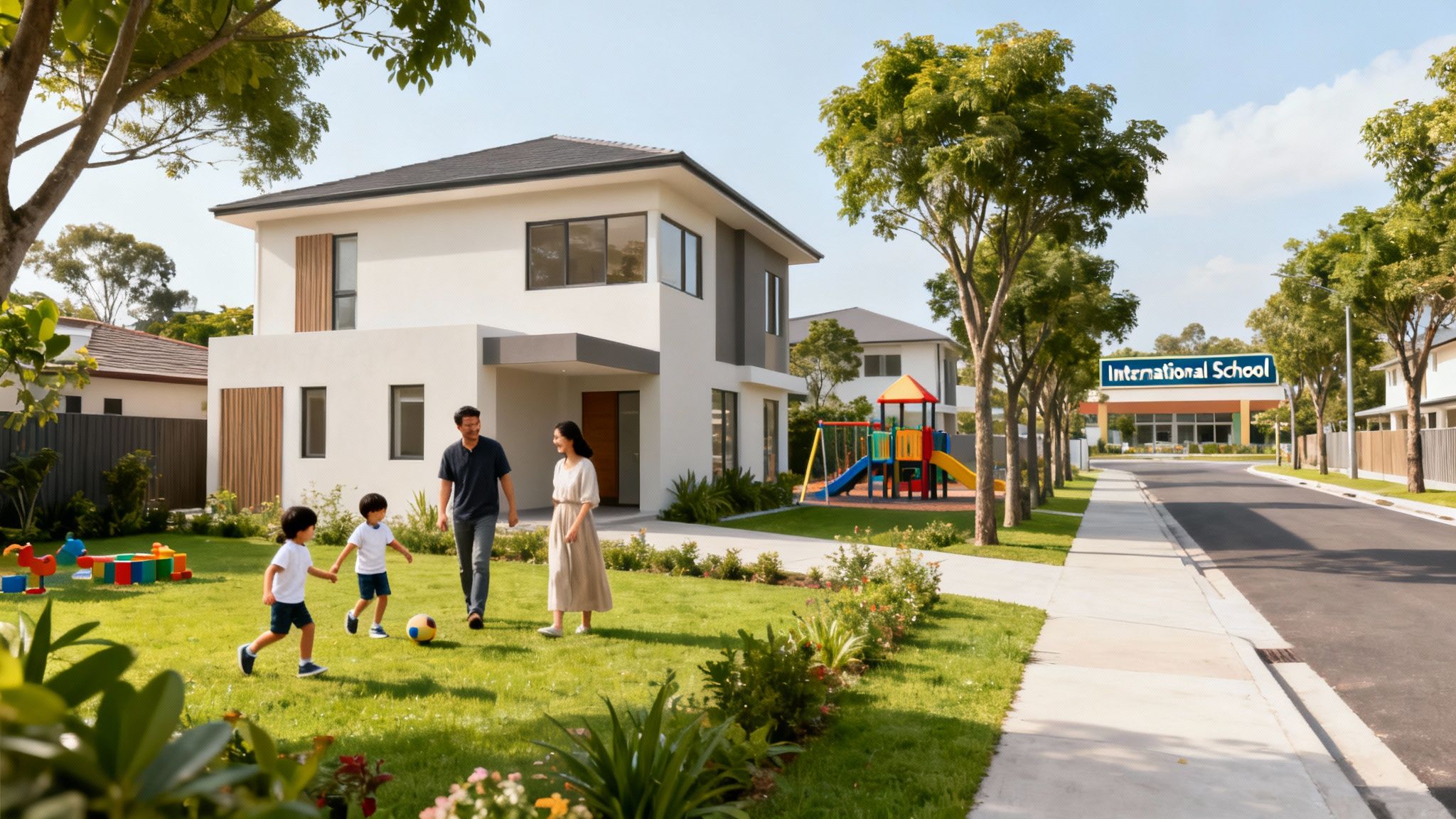 A happy family plays in front of their modern home, with a playground and international school nearby.