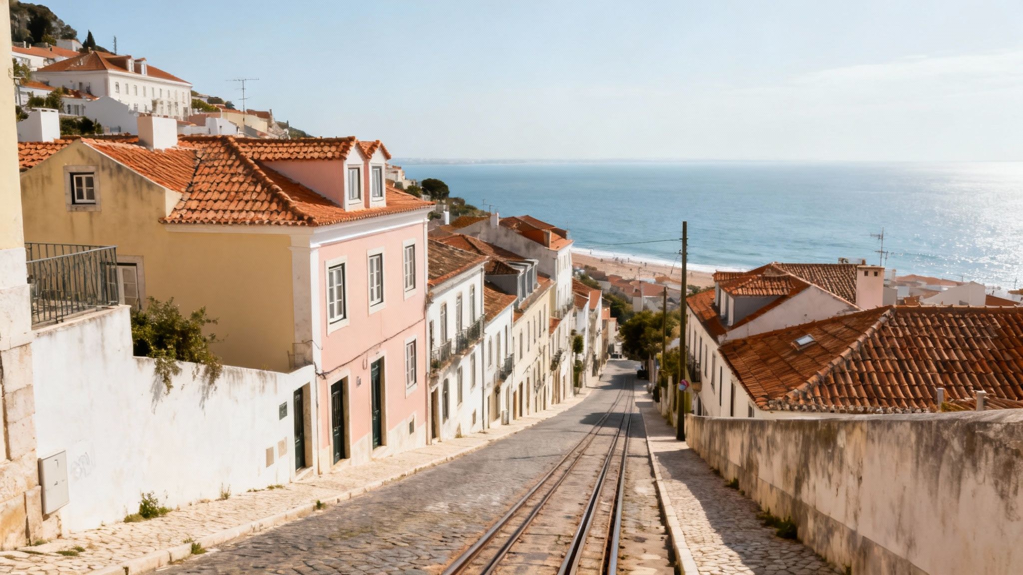Traditional houses line a steep, cobbled street with tram tracks, descending towards a bright sea and beach.