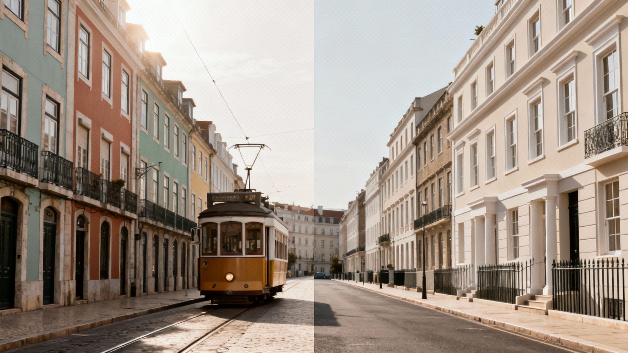 Portugal's Property Market: A 2026 Guide to Home Prices for Global Investors 3 A split image showing a colorful street with a tram on the left, and a beige street with classical buildings on the right.