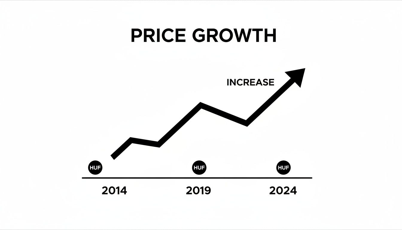 Line graph shows price growth and increase from 2014 to 2024, likely in HUF currency.