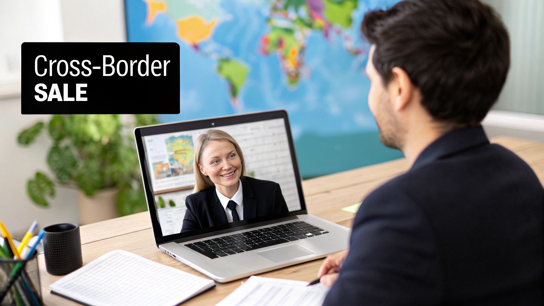 A man on a video call with a smiling woman on a laptop, featuring 'Cross-Border SALE' and a world map.