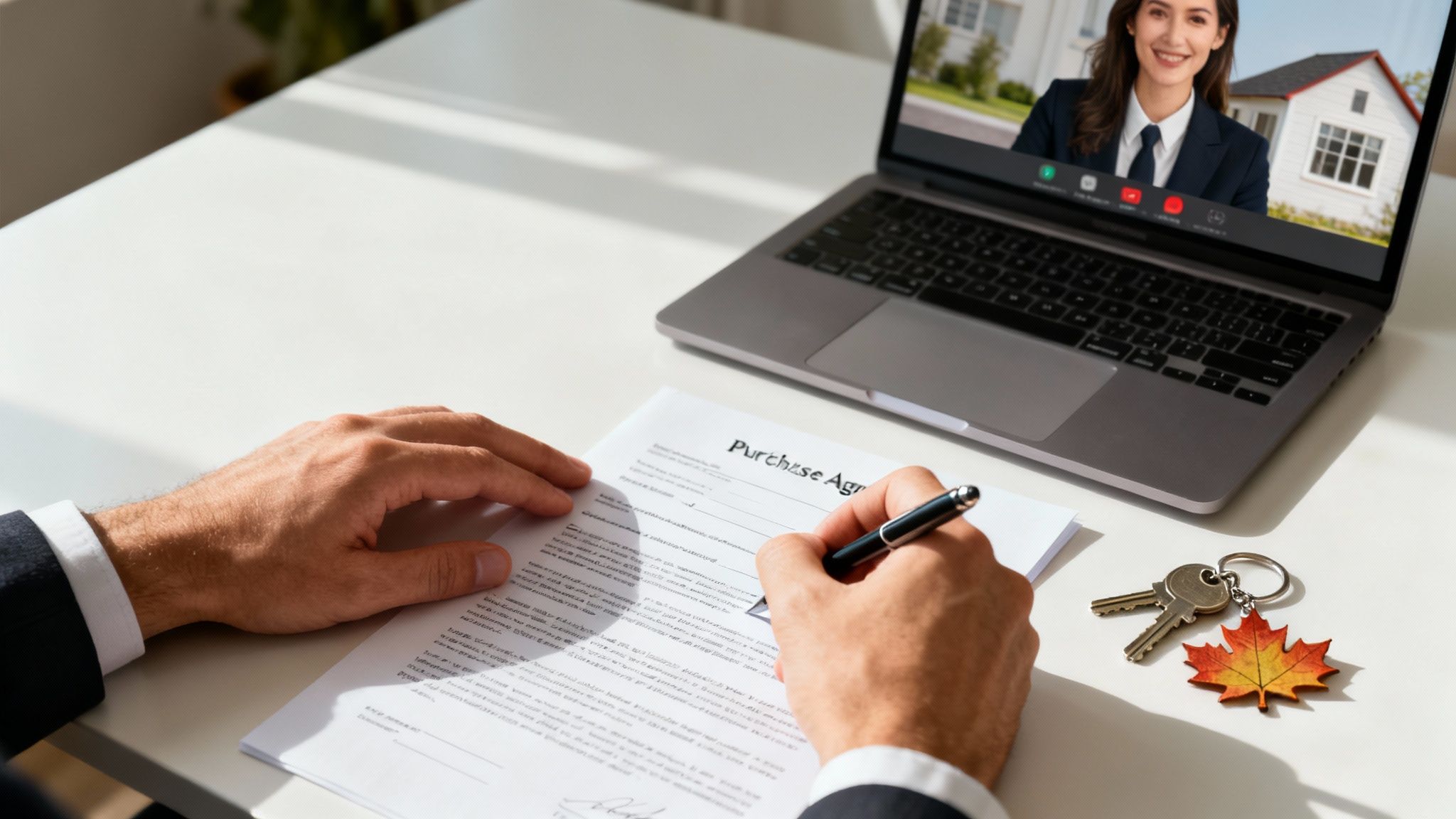 A person signs a purchase agreement during a video call with a real estate agent, with house keys nearby.