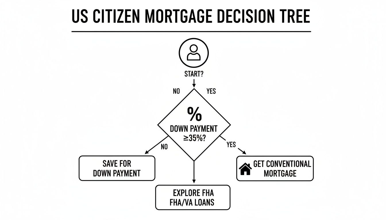 A decision tree flowchart for US citizens showing mortgage options based on down payment percentage.