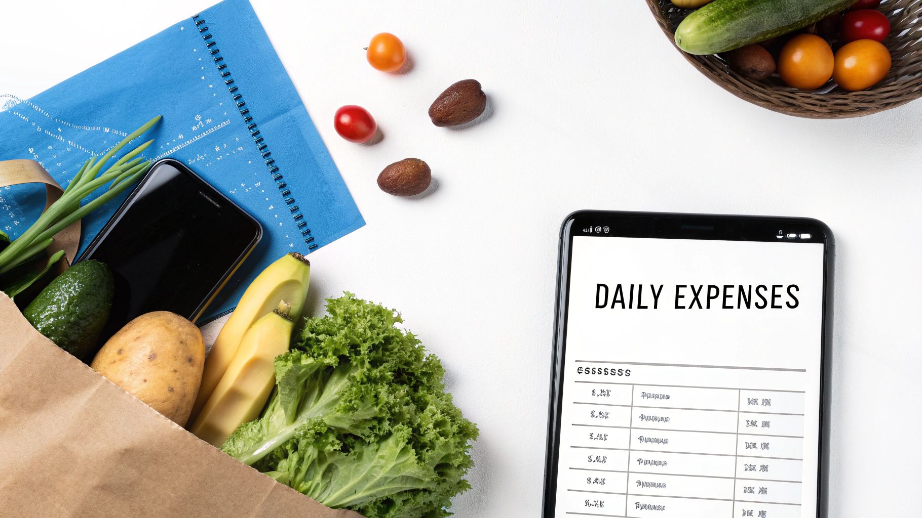 Overhead shot of a paper bag with fresh groceries, a notebook, and a smartphone displaying daily expenses.