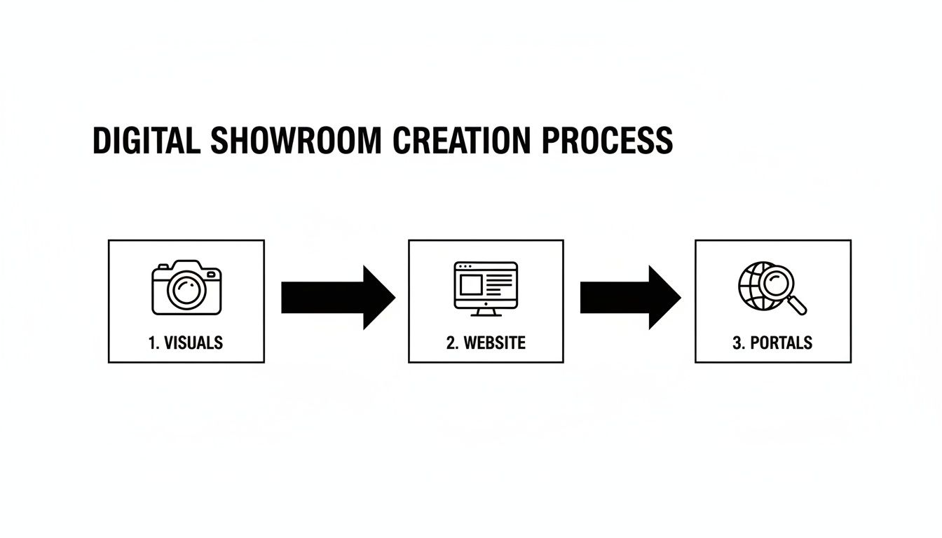 A diagram illustrates the digital showroom creation process with three steps: visuals, website, and portals.