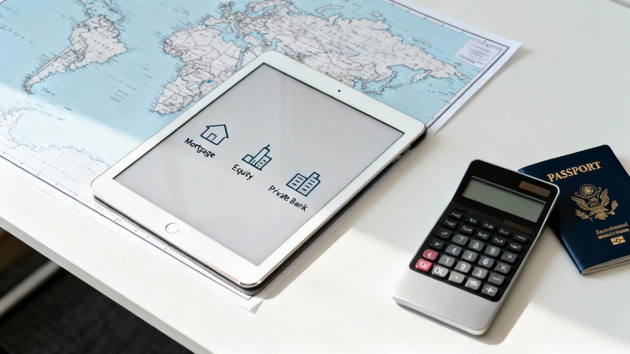 Second Home Financing Options: A Global Investor's Guide 3 A tablet displays financial options (mortgage, equity, private bank) alongside a world map, calculator, and passport, signifying international financial planning.