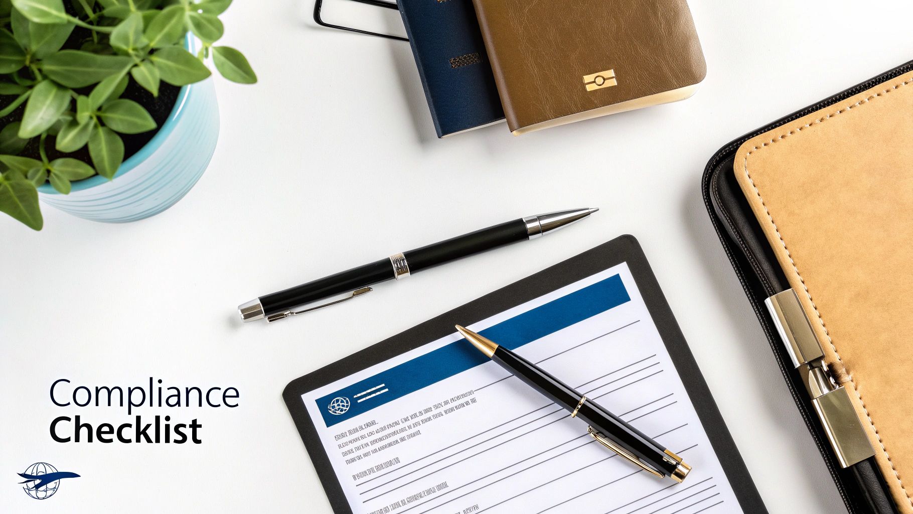 Overhead view of a desk with a compliance checklist document, pens, notebooks, and a plant.