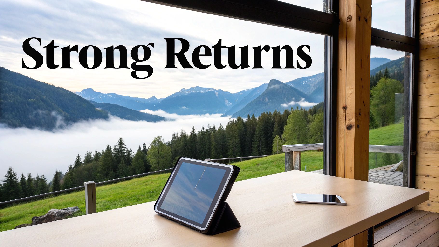 Your Definitive Guide to Luxury Ski Chalets for Sale in the French Alps 4 The text 'Strong Returns' is overlaid on a mountain view with a tablet and phone on a wooden table.