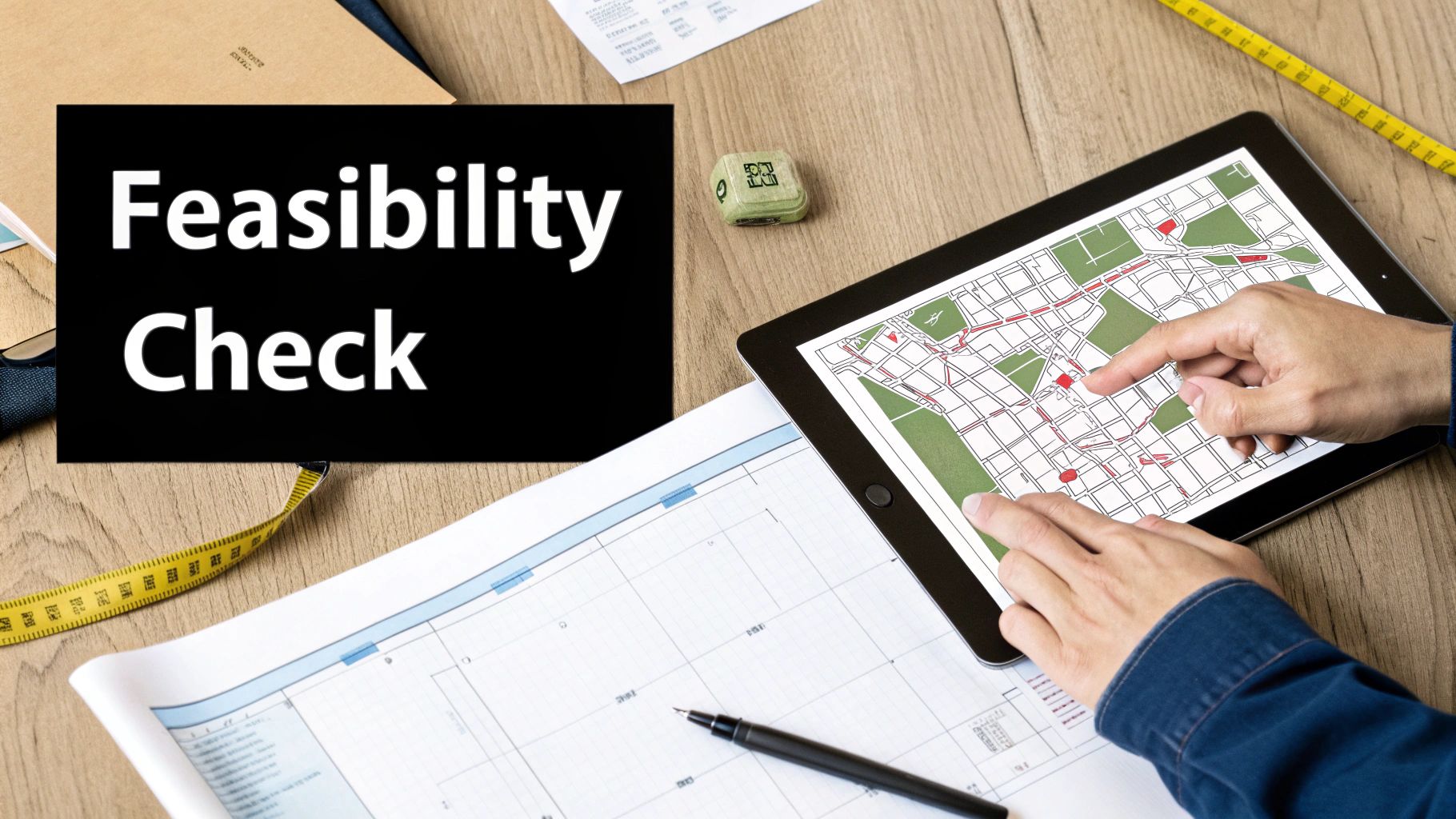 Hands touching a digital map on a tablet with 'Feasibility Check' text and blueprints.