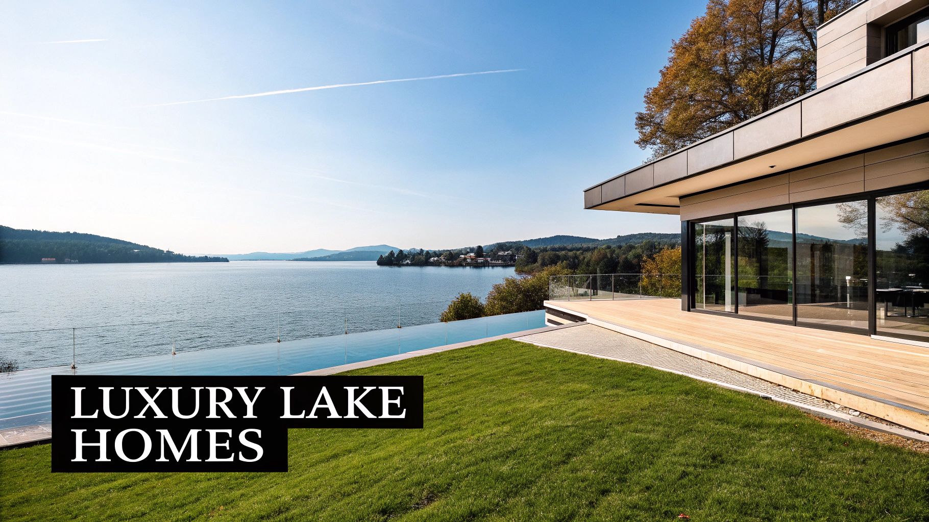 A luxurious modern house with an infinity pool and a wooden deck overlooking a serene lake and mountains.