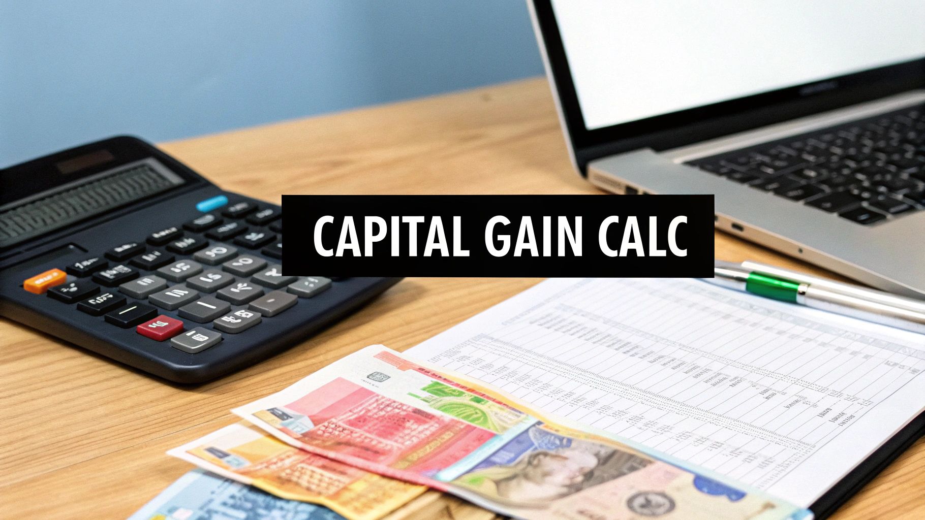 A calculator, banknotes, laptop, and documents on a desk, with a 'CAPITAL GAIN CALC' banner.