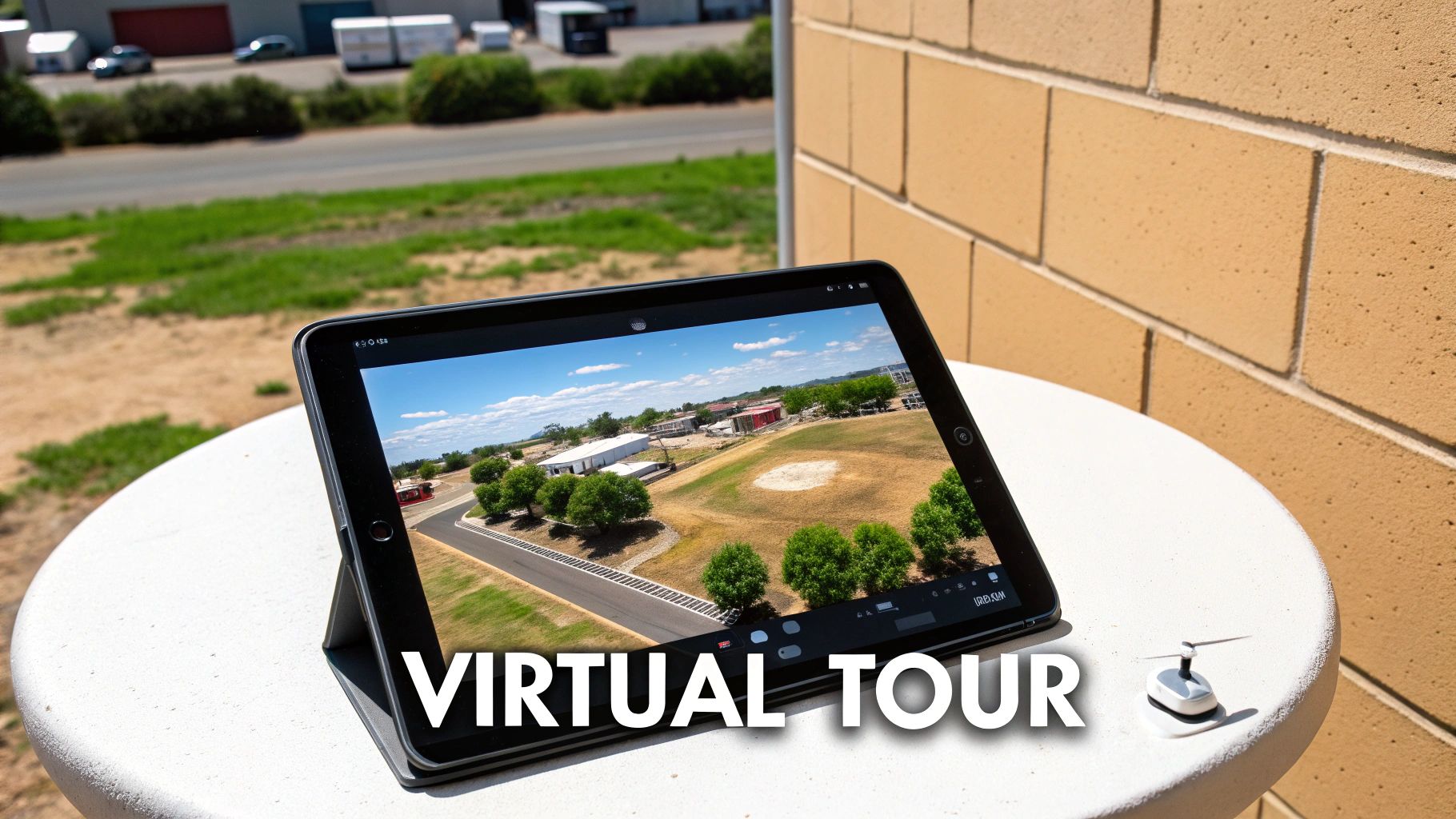 A tablet on a table displays an aerial virtual tour of a property, with a mini drone nearby.