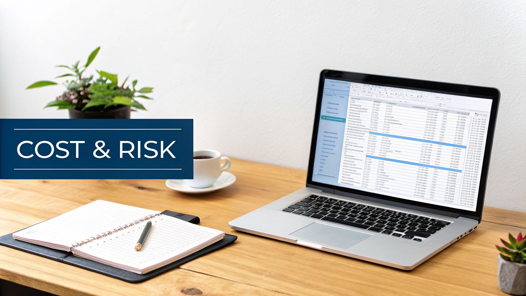 A laptop with a spreadsheet, notebook, and pen on a desk, featuring a 'COST & RISK' banner.