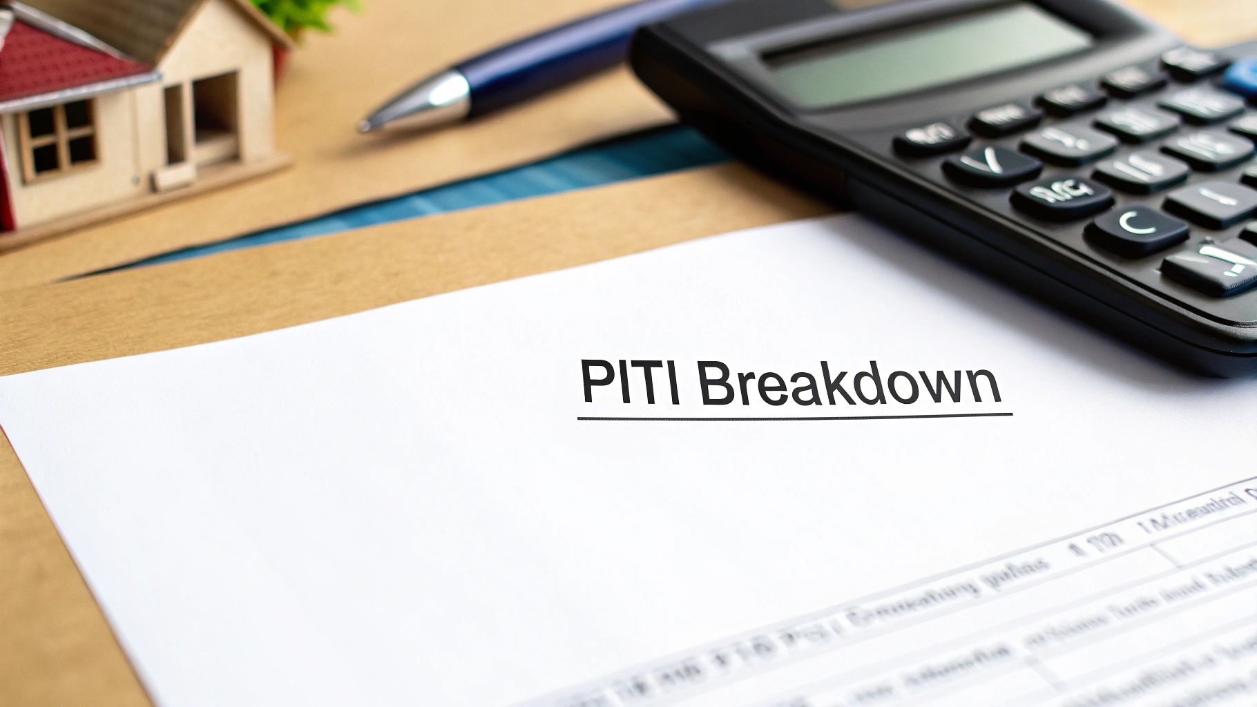 Your First Mortgage Payment: A Guide for International Property Buyers 3 A PITI Breakdown document, calculator, model house, and pen on a desk for mortgage planning.