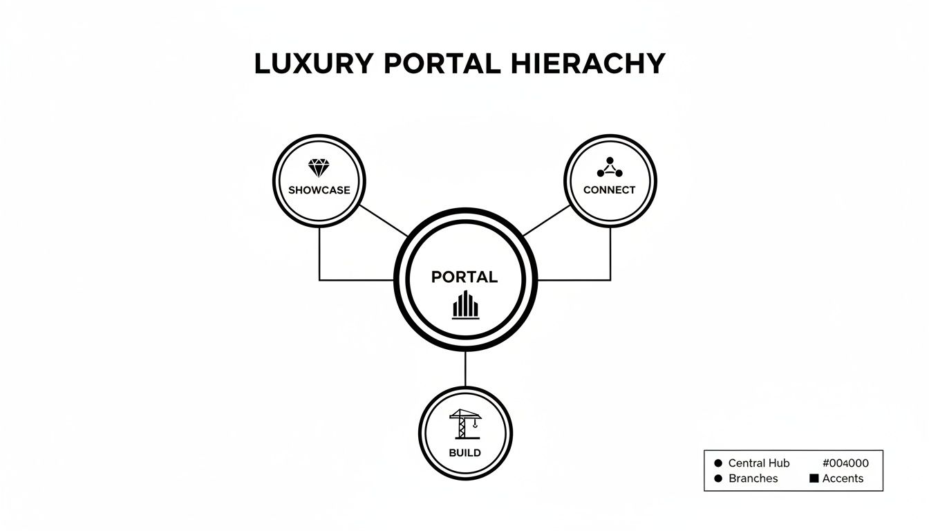 Diagram illustrating the Luxury Portal Hierarchy with a central portal connecting to showcase, connect, and build functions.