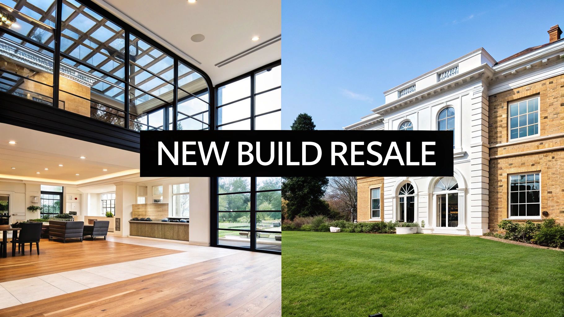 Penthouses for Sale in Monaco: Your Guide to Europe's Most Exclusive Property Asset 3 Image contrasting a modern new build interior with a traditional resale house exterior, titled 'NEW BUILD RESALE'.