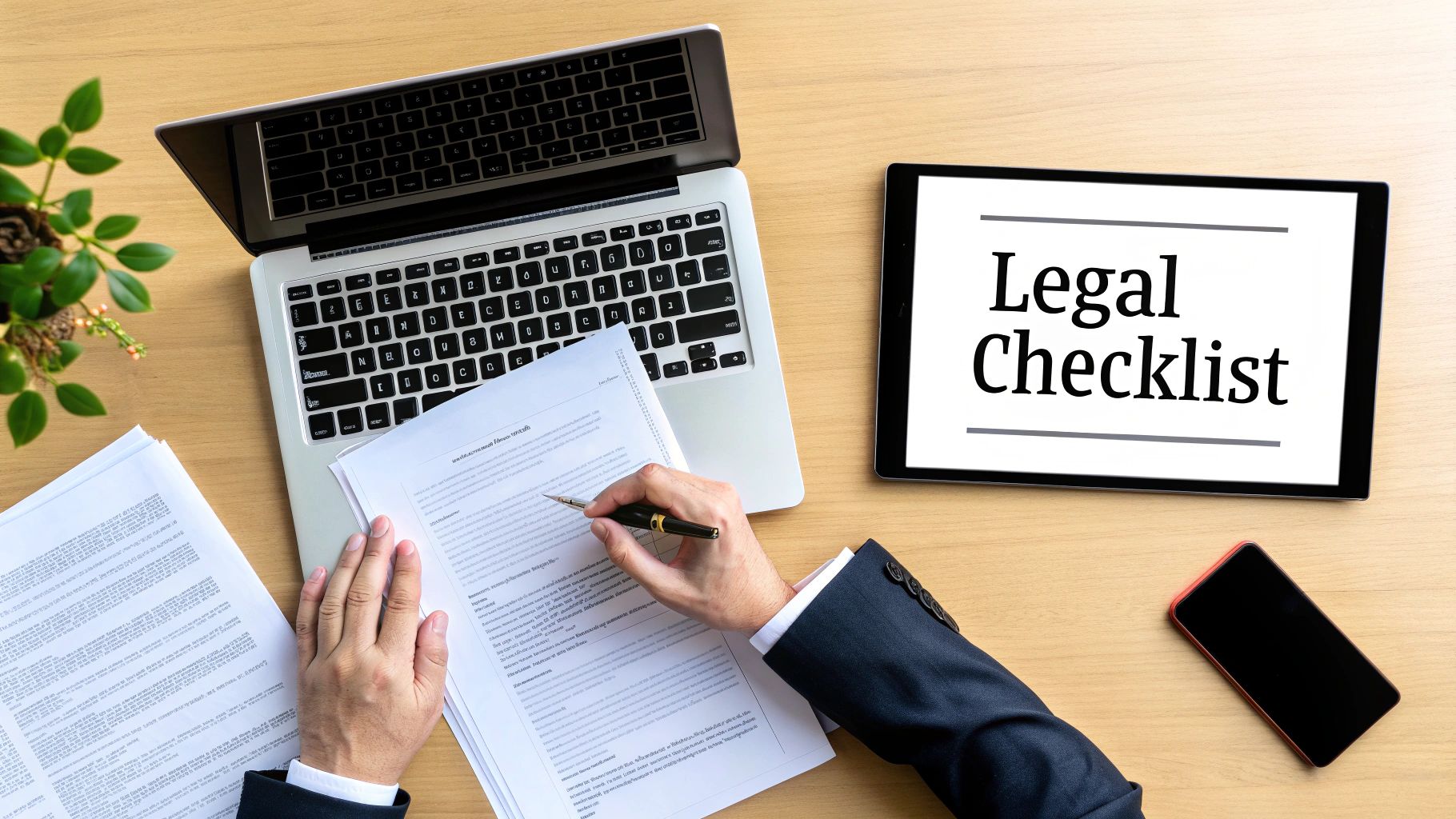 Overhead view of a person reviewing legal documents on a desk with a laptop and tablet.