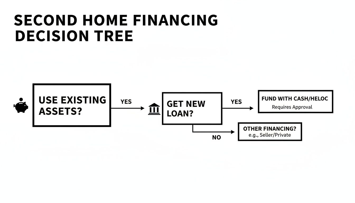 Second Home Financing Options: A Global Investor's Guide 2 Decision tree outlining second home financing options, including using existing assets, new loans, cash, or other financing.