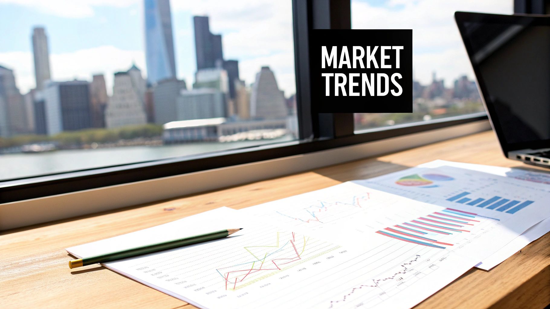 A desk with market trend charts, a pencil, and a laptop by a window overlooking a city skyline.