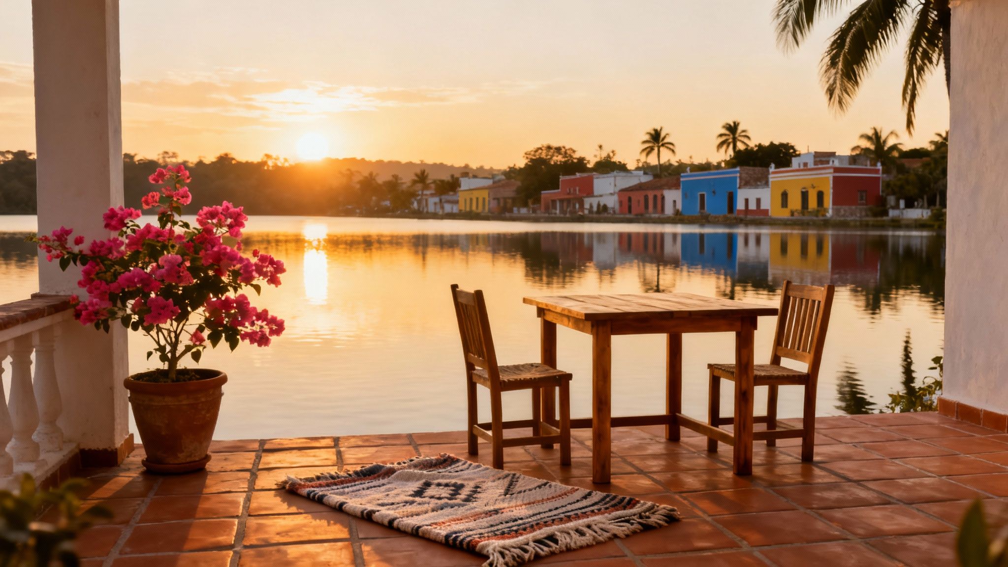 The World's Best Countries for Retirement: A 2026 Investor's Guide to Property, Visas & Lifestyle 2 Vibrant bougainvillea and a wooden table on a patio overlook a colorful village by a lake at sunset.