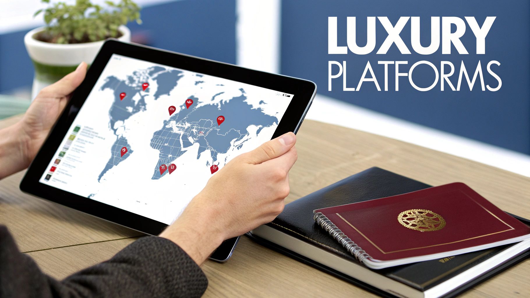 Hands holding a tablet displaying a global map with location pins, next to notebooks and 'LUXURY PLATFORMS' text.