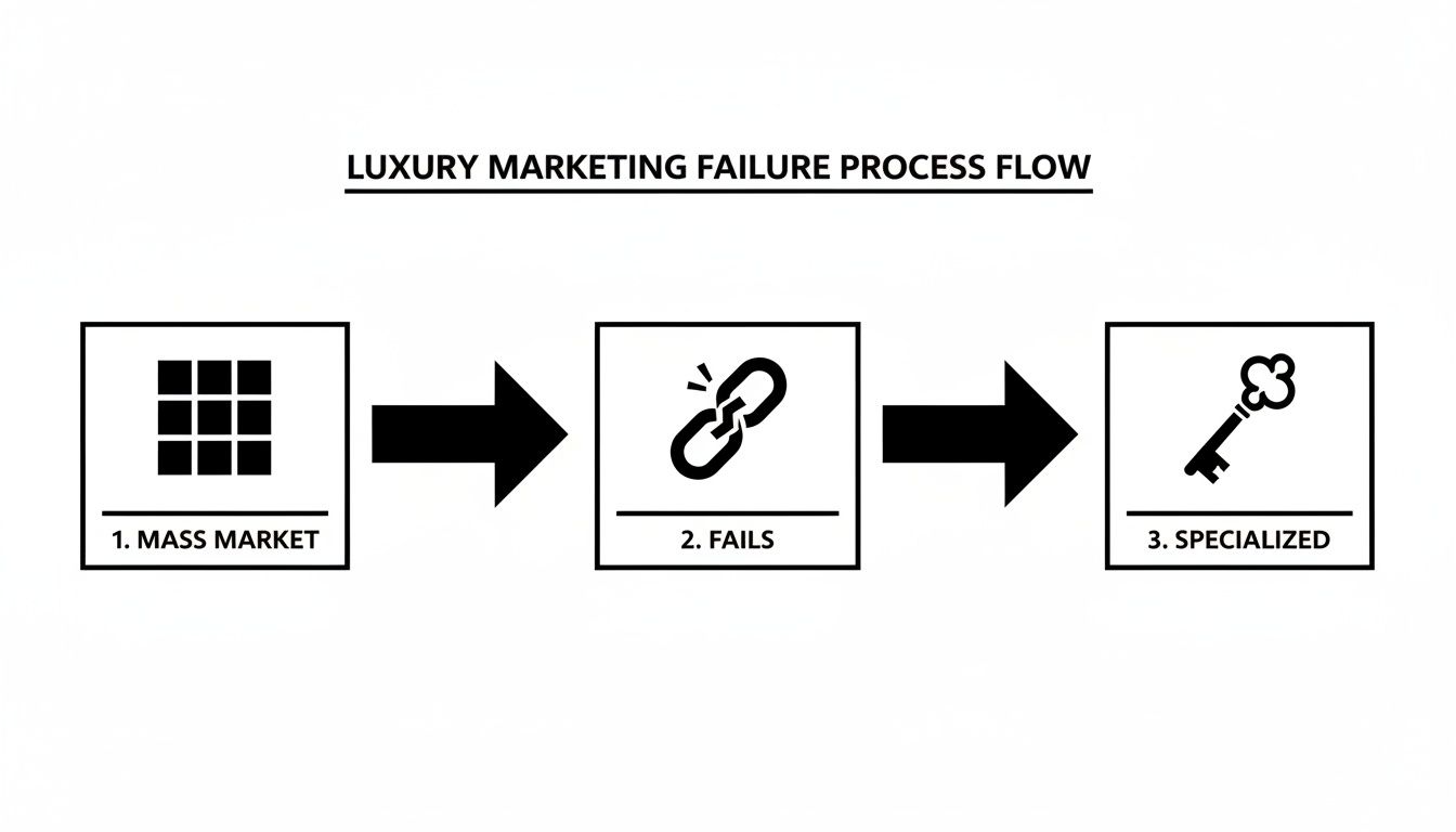 A flowchart showing the luxury marketing failure process: mass market, fails, then specialized marketing.