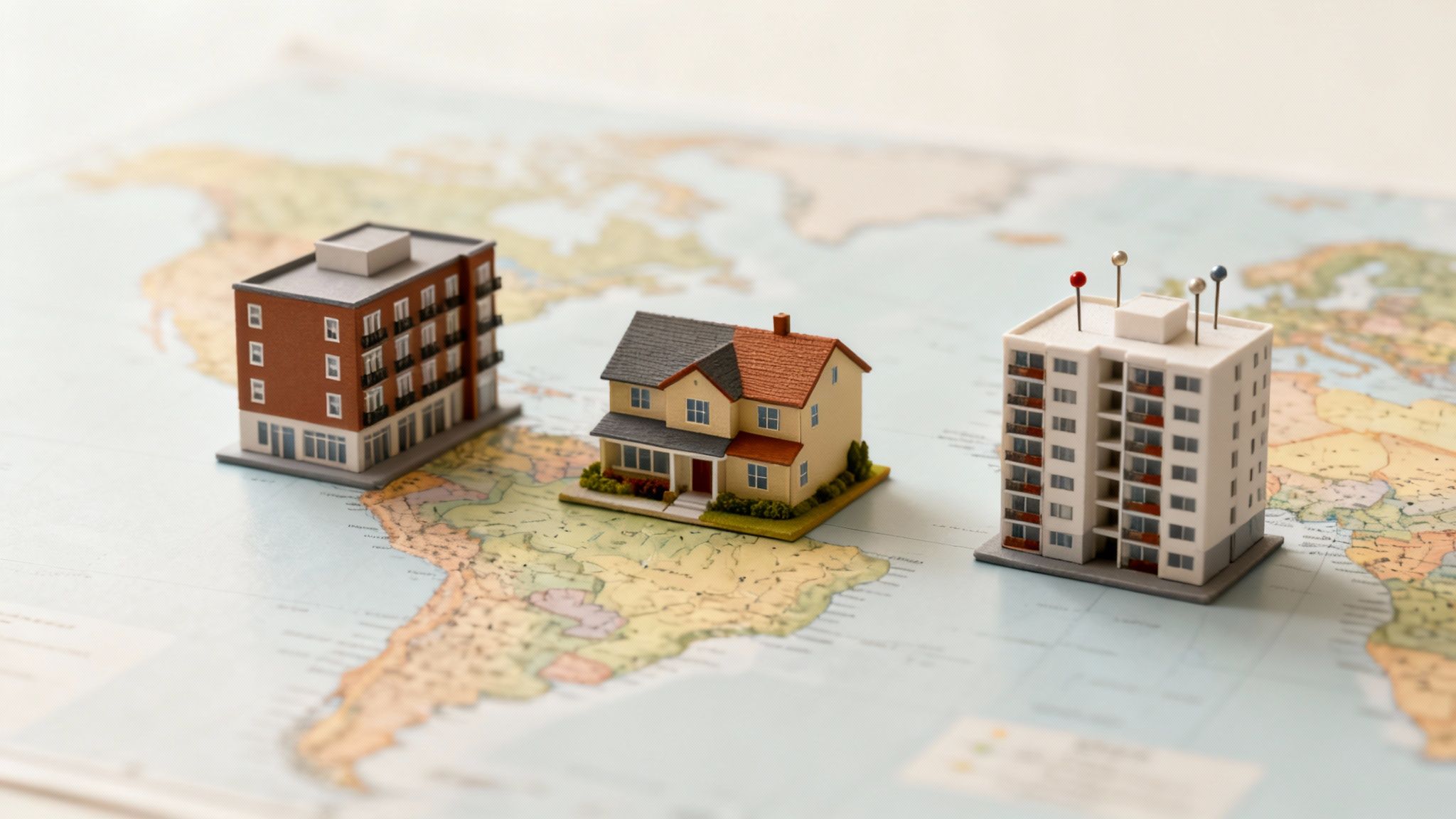 Miniature apartment buildings and a house model on a world map, symbolizing global real estate.