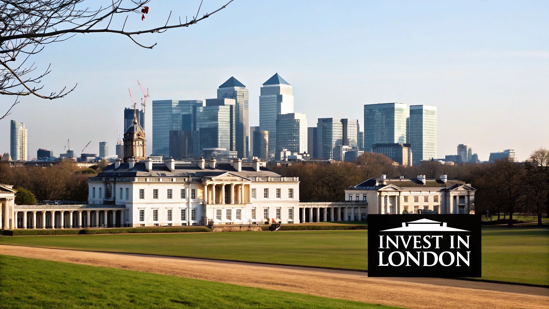 Historic Greenwich buildings with Canary Wharf skyscrapers and an 'Invest in London' sign.