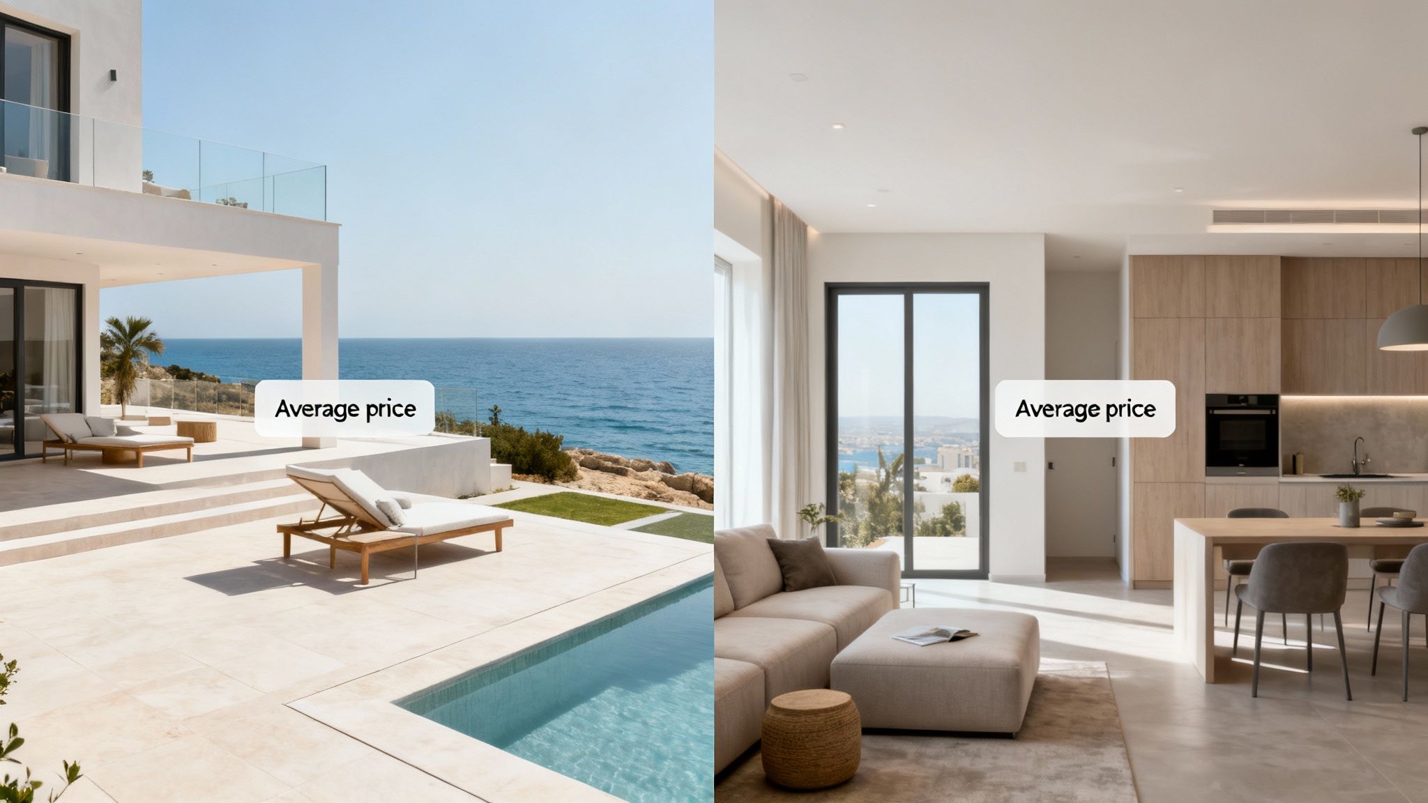 Luxurious modern villa with ocean view and swimming pool, alongside a stylish open-plan interior showing a living room and kitchen.