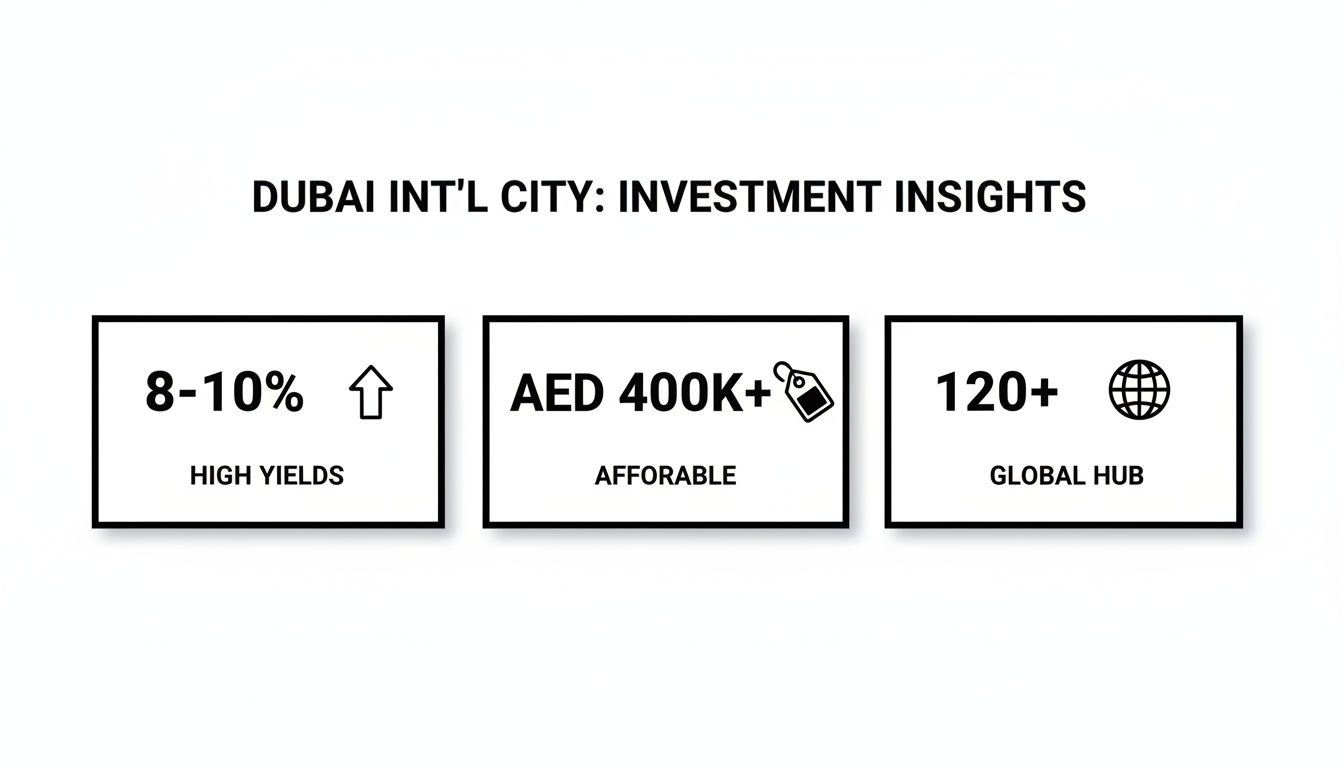 Infographic showing investment insights for Dubai International City, highlighting high yields, affordability, and global hub status.