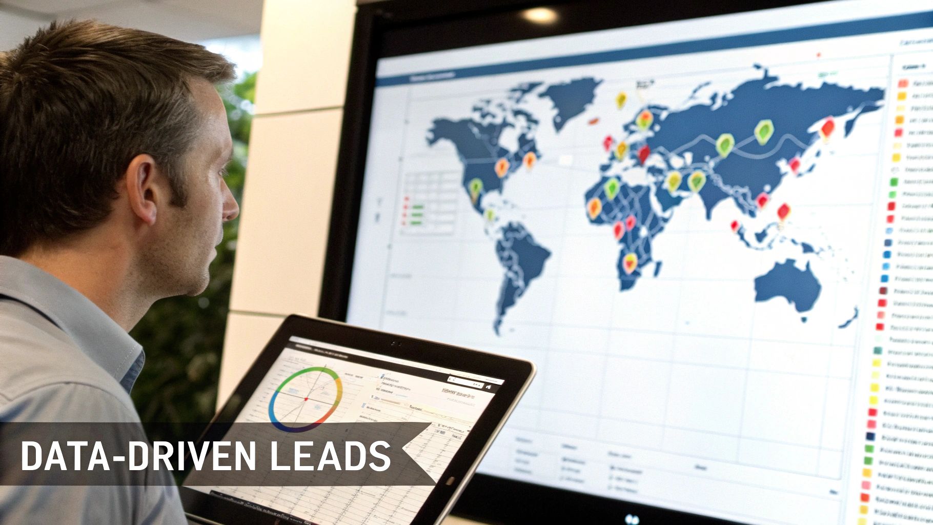A man analyzes data on a large screen displaying a world map and a tablet, demonstrating data-driven leads.