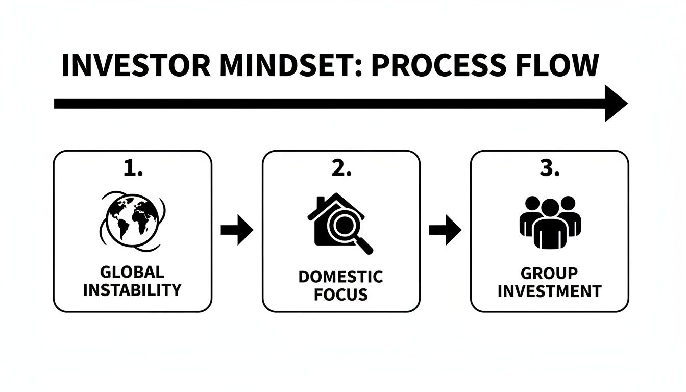 A diagram outlining the investor mindset process flow: global instability, domestic focus, and group investment.